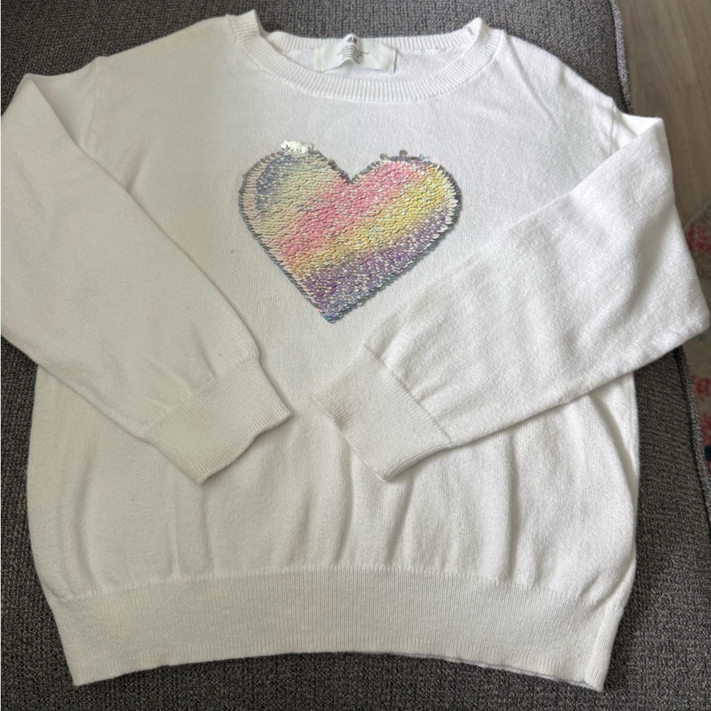 H & M Toddler White Cotton Sweater with Sequin Heart Size 5T - Picture 1 of 7